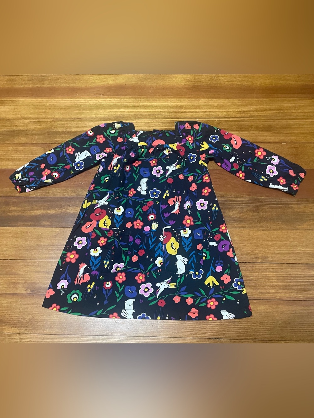 Hanna Andersson Black Floral Rabbit Long-Sleeve Cotton Play Dress Size 90 cm 3T